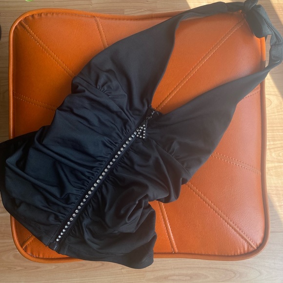 Gorgeous Black Halter Top with Rhinestone and Rushing Detail - Picture 4 of 4